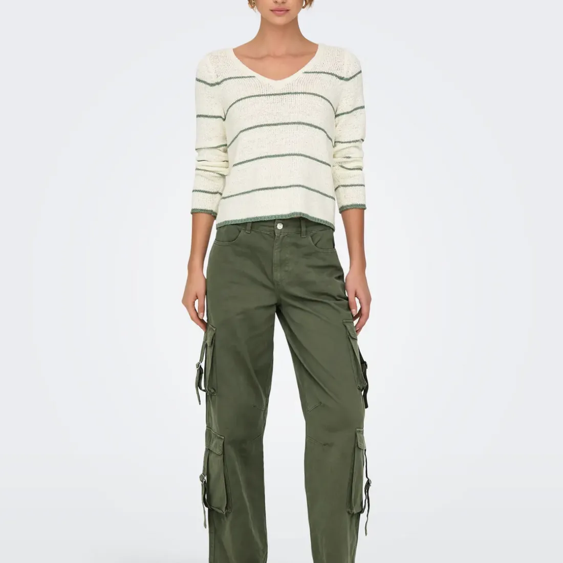 Pull Col V Geenas - Blanc cassé/ Vert Olive Tess