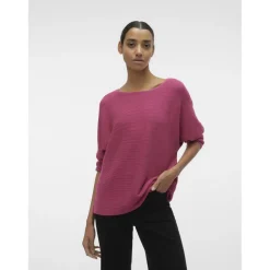 Pull en maille col bateau rose foncé
