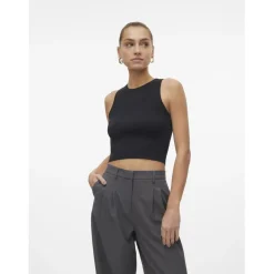 Pull en maille court col rond sans manches noir Anya