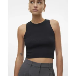 Pull en maille court col rond sans manches noir Anya