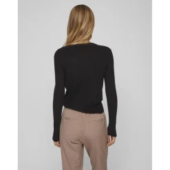 Pull poignets côtelés col rond noir en viscose