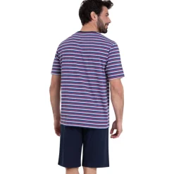 Pyjama court col rond homme Rayures Waves Athena multicolore en coton