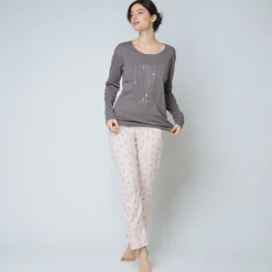 Pyjama deux pièces, pantalon imprimé Coton Femme rose