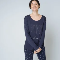 Pyjama deux pièces, pantalon imprimé Coton Femme bleu