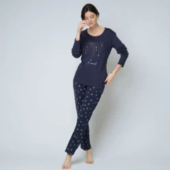 Pyjama deux pièces, pantalon imprimé Coton Femme bleu