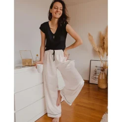 Pyjama deux pièces, pantalon satin noir en viscose