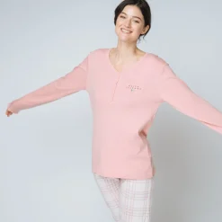 Pyjama deux pièces, pantalon à carreaux Coton Femme rose
