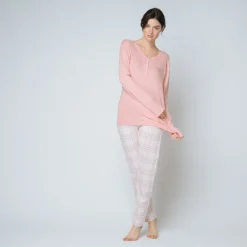 Pyjama deux pièces, pantalon à carreaux Coton Femme rose
