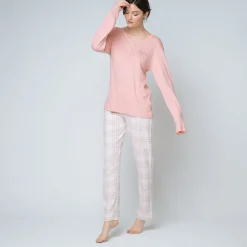 Pyjama deux pièces, pantalon à carreaux Coton Femme rose