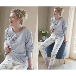 Pyjama femme à fleurs - Gris en coton