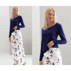 Pyjama femme uni/imprimé feuillage - Bleu en viscose