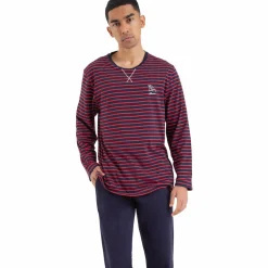 Pyjama long col rond homme Rayures rouge en coton