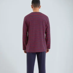 Pyjama long col rond homme Rayures rouge en coton