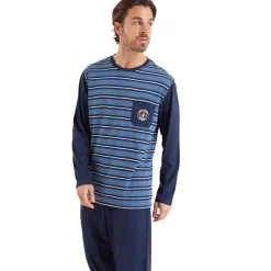Pyjama long col rond homme Rayures Cap Horn Athena bleu en coton