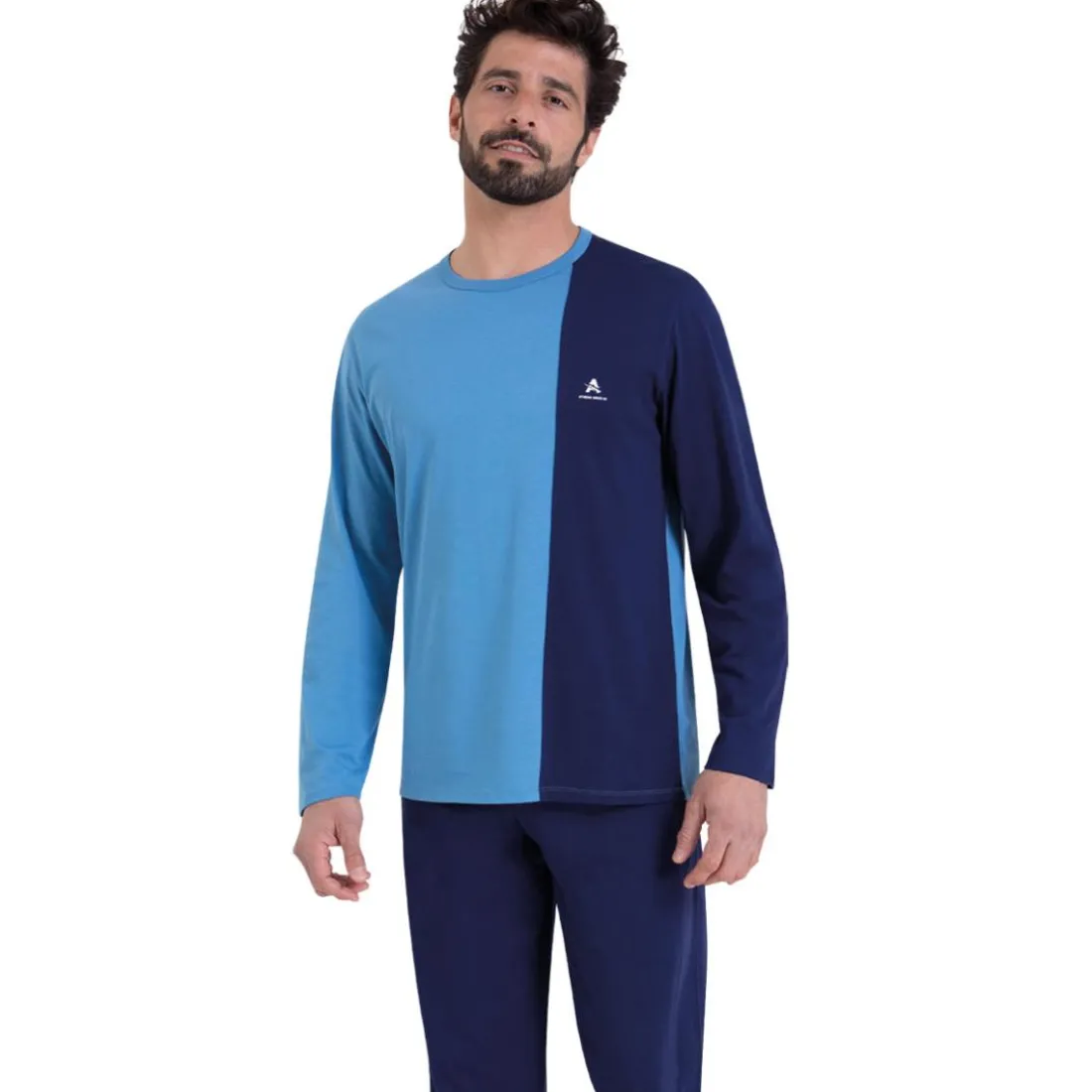 Pyjama long col rond homme Ecopack Athena bleu en coton