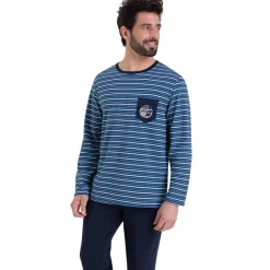 Pyjama long col rond Rayures Waves Athena bleu en coton