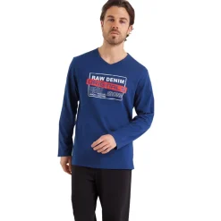Pyjama long col V homme Ecopack Sérigraphie Athena noir en coton