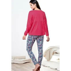Pyjama manches longues pantalon imprimé femme - Imprimé Rouge en coton