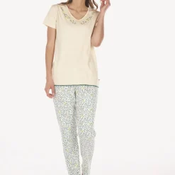 Pyjama pour femme en coton beige/imp
