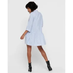 Robe chemise Rayures Col rond Manches 3/4 Au-dessus du genou Poignets repliés blanc en coton
