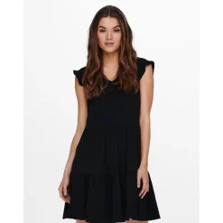 Robe courte Col rond Manches courtes Au-dessus du genou noir en coton Lana