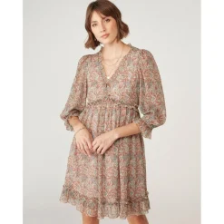 Robe courte empire imprimée écru