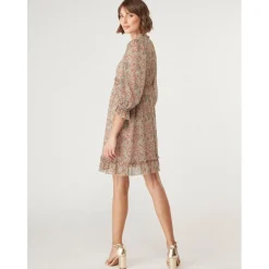 Robe courte empire imprimée écru