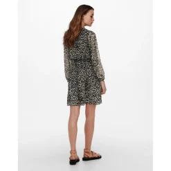 Robe courte Imprimé all over Col en V Manches 3/4 Ceinture accentuant la taille beige