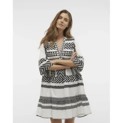 Robe courte tunique court col en v manches larges manches 3/4 blanc Zoe