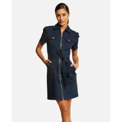 Robe droite zippée ceinturée en jean