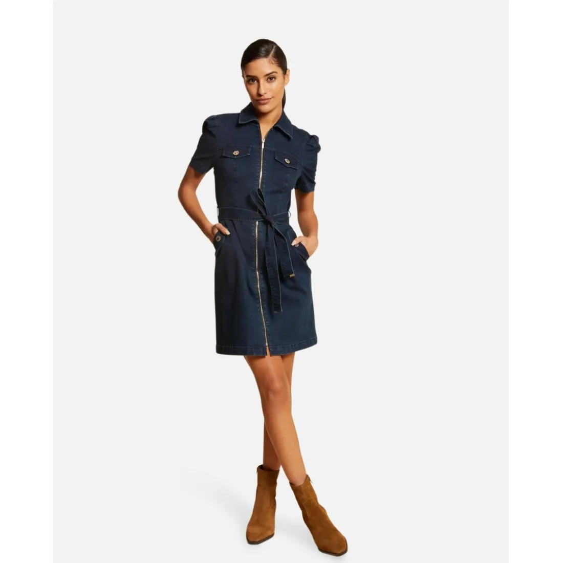 Robe droite zippée ceinturée en jean