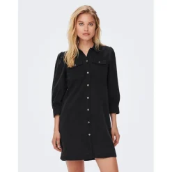 Robe en denim Col chemise Manches longues Au-dessus du genou noir