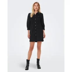 Robe en denim Col chemise Manches longues Au-dessus du genou noir