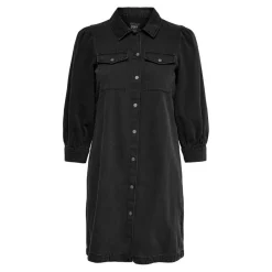 Robe en denim Col chemise Manches longues Au-dessus du genou noir