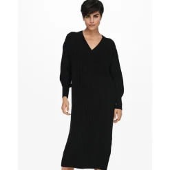 Robe en maille Col en V Manches longues Au-dessus du genou noir