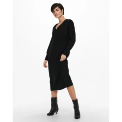 Robe en maille Col en V Manches longues Au-dessus du genou noir