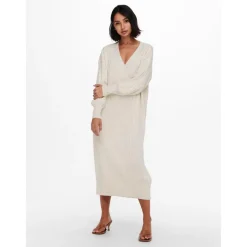 Robe en maille Col en V Manches longues Au-dessus du genou beige