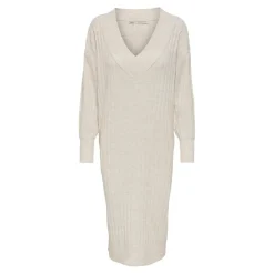 Robe en maille Col en V Manches longues Au-dessus du genou beige