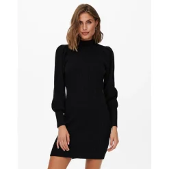 Robe en maille Col haut Manches longues Longueur mini noir