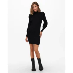 Robe en maille Col haut Manches longues Longueur mini noir
