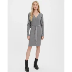 Robe en maille Regular Fit Col en V Manches longues Au-dessus du genou gris