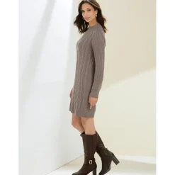 Robe en tricot à manches longues avec motif tressé marron
