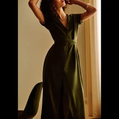 Robe longue femme vert kaki en viscose