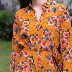 Robe longue fleur pois Molly moutarde en viscose
