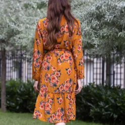 Robe longue fleur pois Molly moutarde en viscose