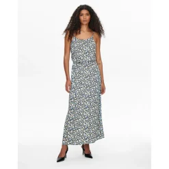 Robe longue Imprimé all over Col en U Sans manches Découpe à la taille Longueur maxi bleu