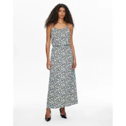 Robe longue Imprimé all over Col en U Sans manches Découpe à la taille Longueur maxi bleu