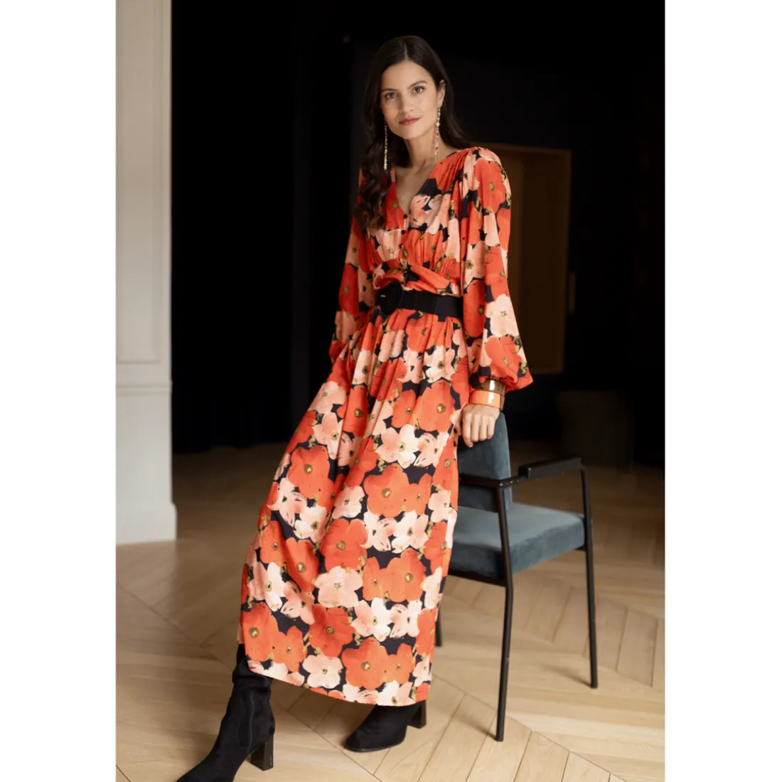 Robe longue imprimée coquelicat - Capucine rouge en viscose