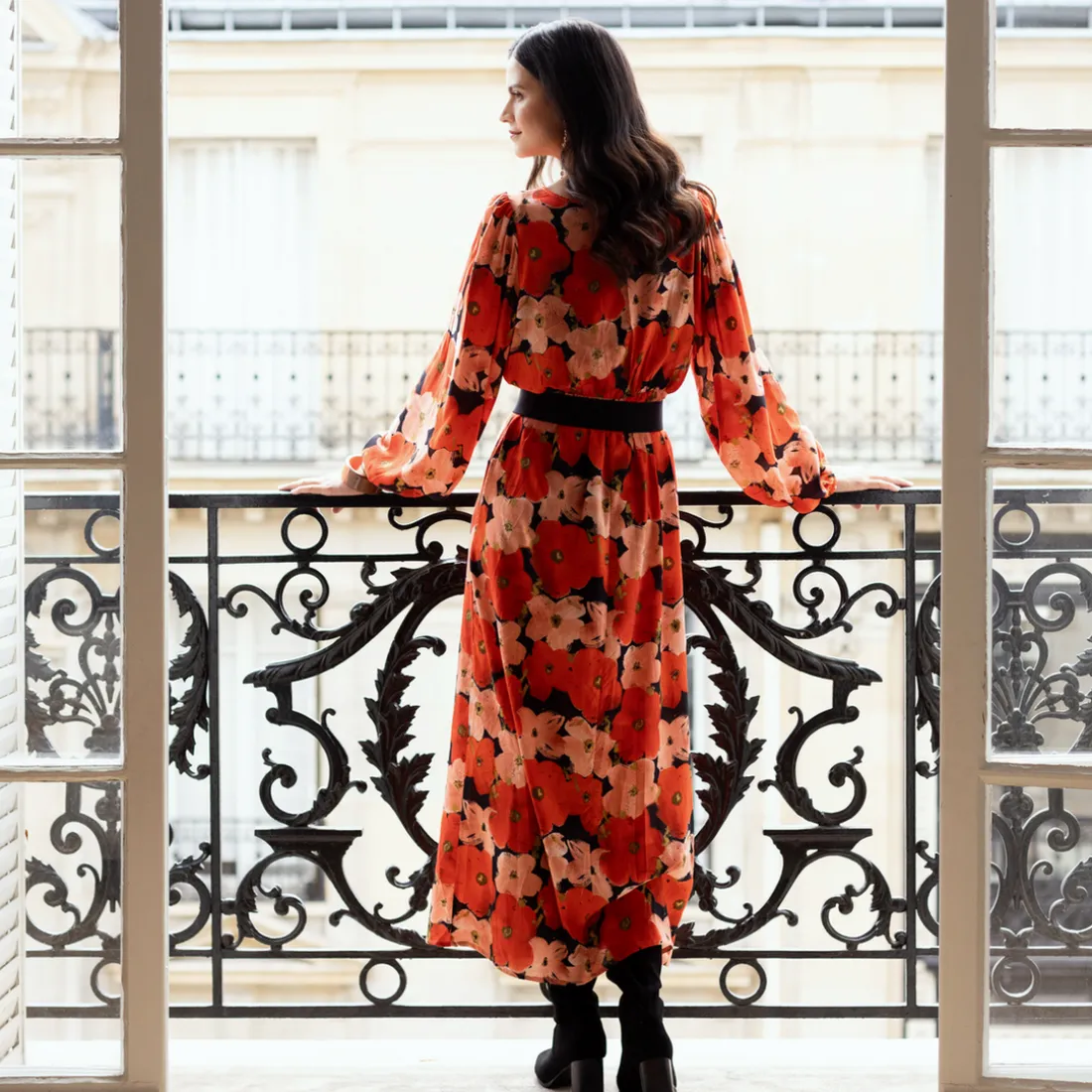 Robe longue imprimée coquelicat - Capucine rouge en viscose