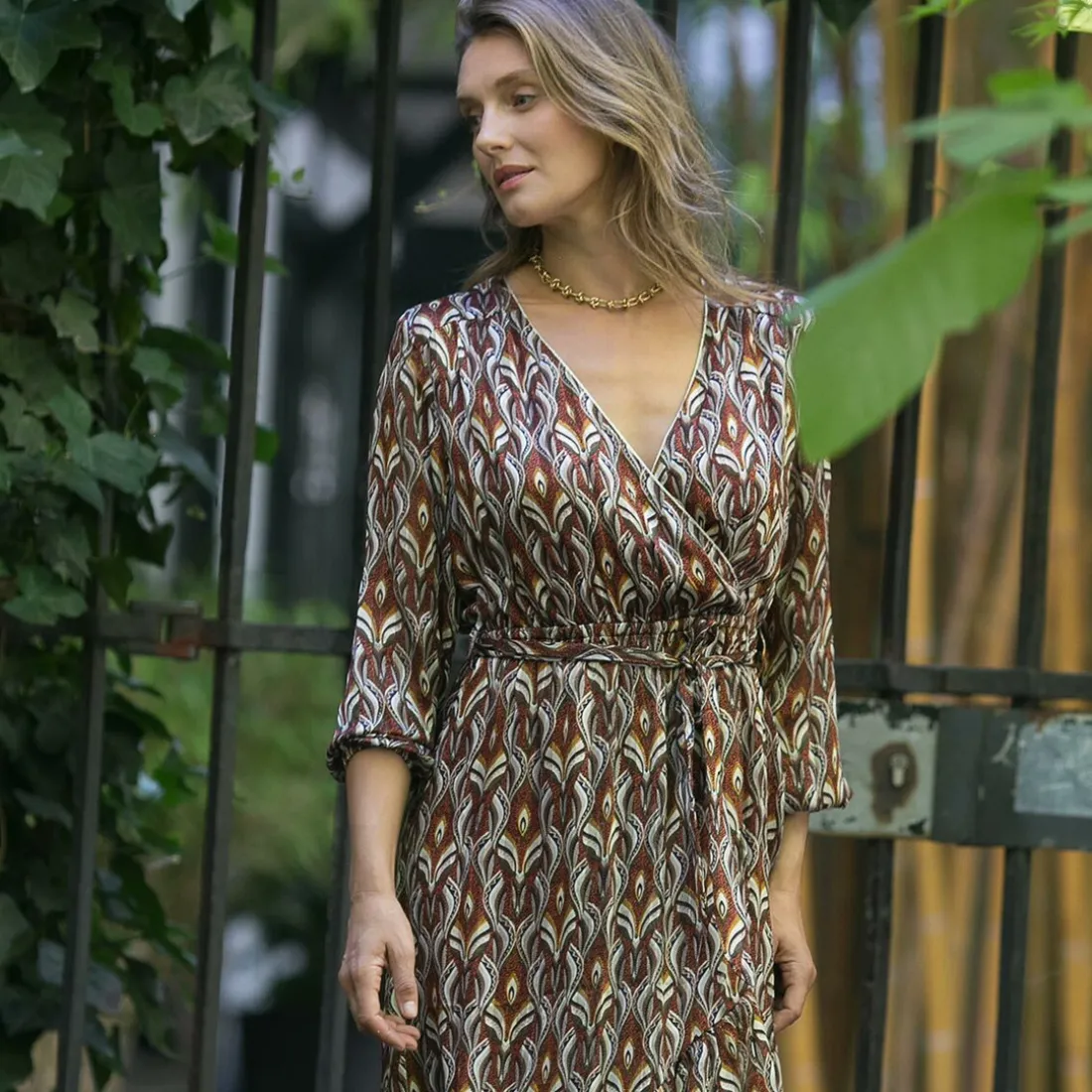 Robe longue imprimée croisée Mary bordeaux